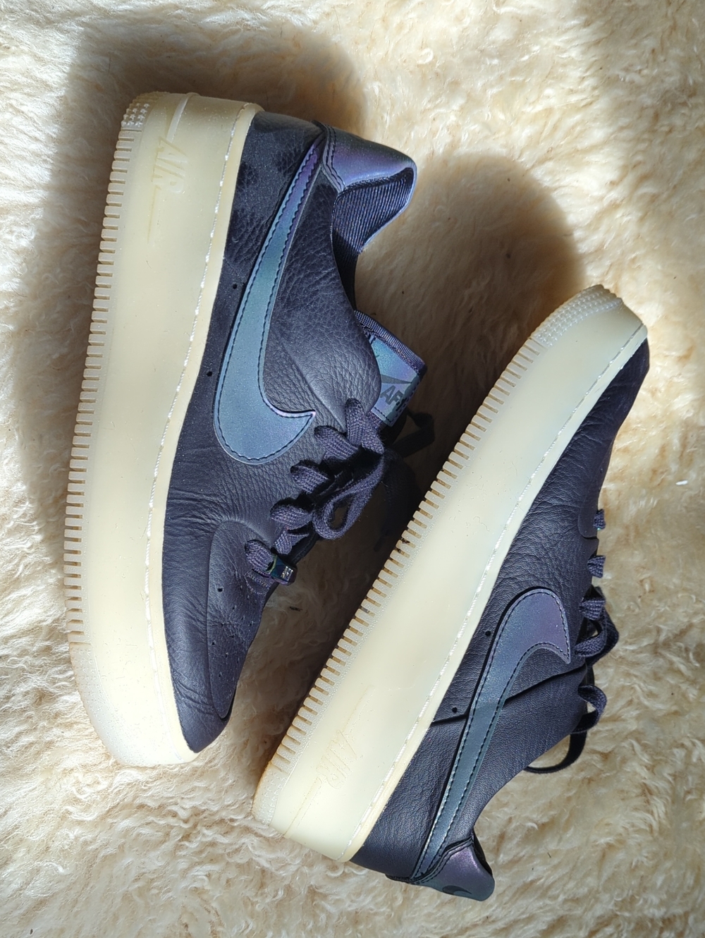 Nike Air Force 1 Low - Black with Iridescent Swoosh and Cream Platform Sole